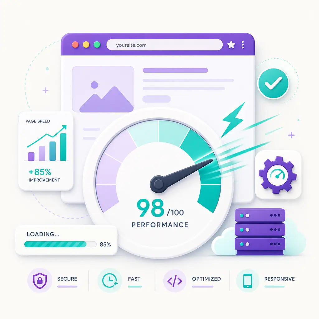 Basic WordPress Speed Optimization 1 Basic WordPress Speed Optimization Basic WordPress speed optimization concept showing a speedometer icon